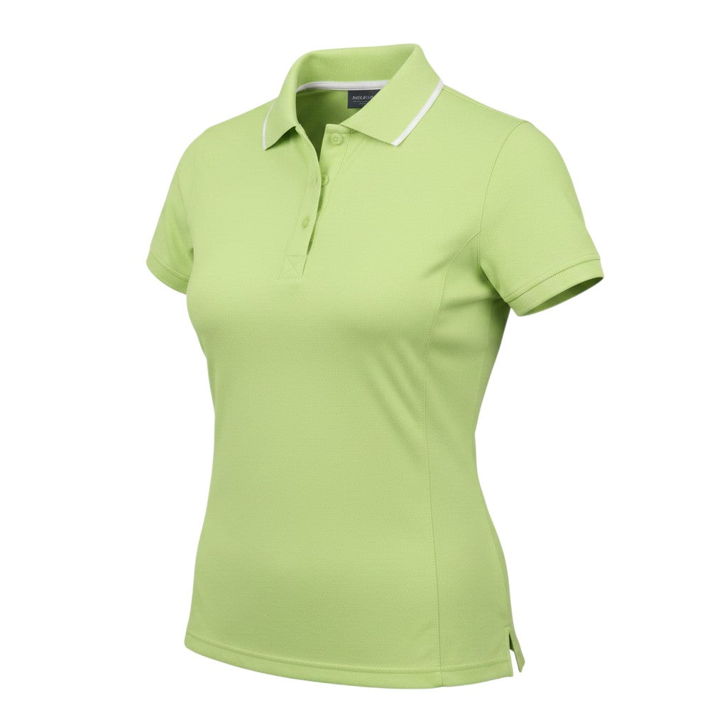 Prewornwholesale women's green cotton polo shirt with a collared neckline and short sleeves in a regular fit.