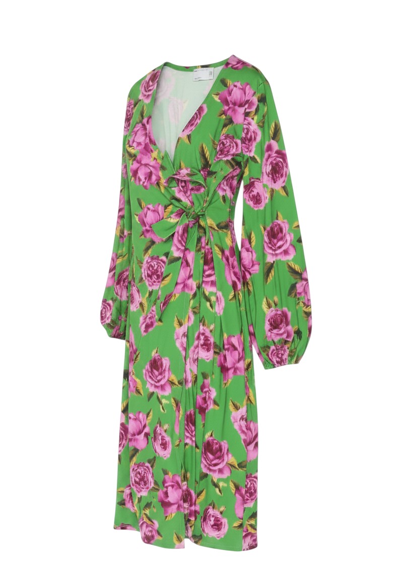 ASOS DESIGN Women Green Floral Wrap Maxi Dress UK 14 V-Neck Balloon Sleeve