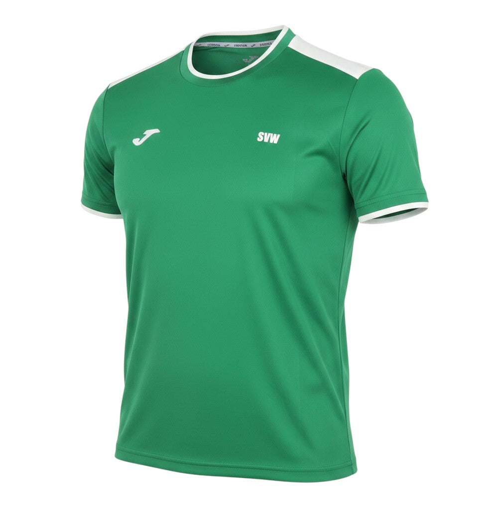 Prewornwholesale green Joma unisex football t-shirt with white trim, crew neck, and athletic polyester fit.