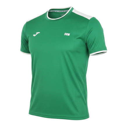 Prewornwholesale green Joma unisex football t-shirt with white trim, crew neck, and athletic polyester fit.