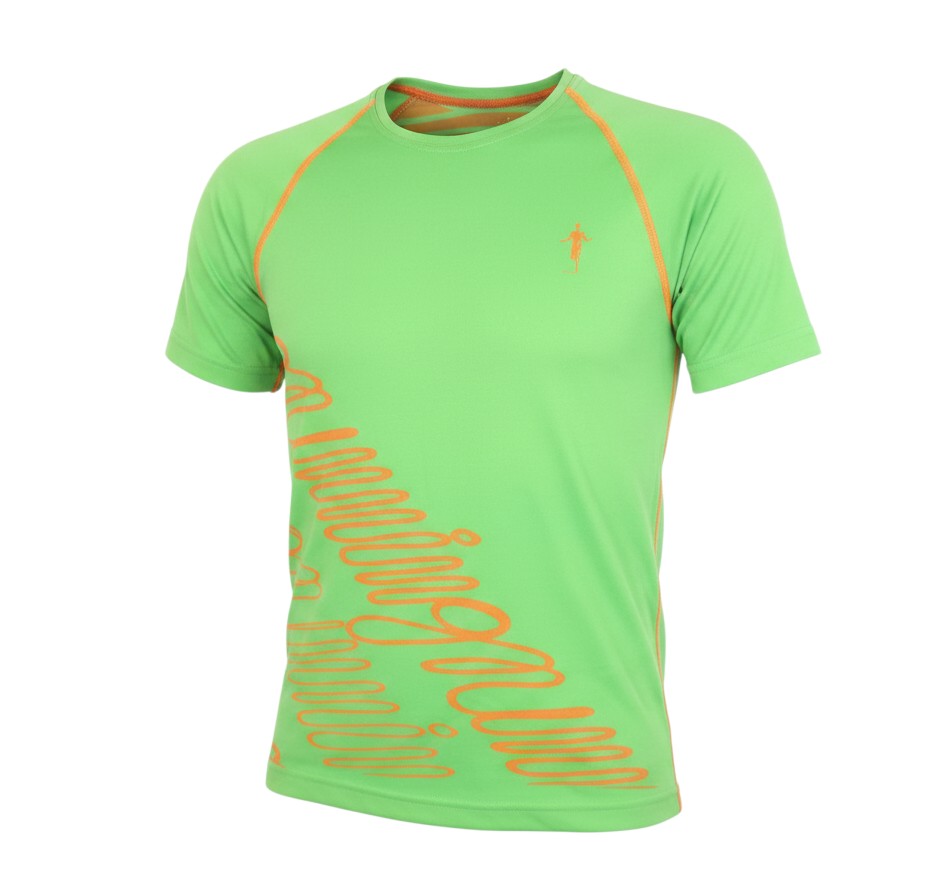 Prewornwholesale unisex green short sleeve raglan t-shirt with orange contrast stitching and graphic detail
