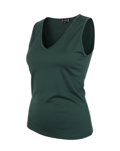 Prewornwholesale P.N.O premium green V-neck sleeveless tank top in a stretchy polyamide blend for activewear.