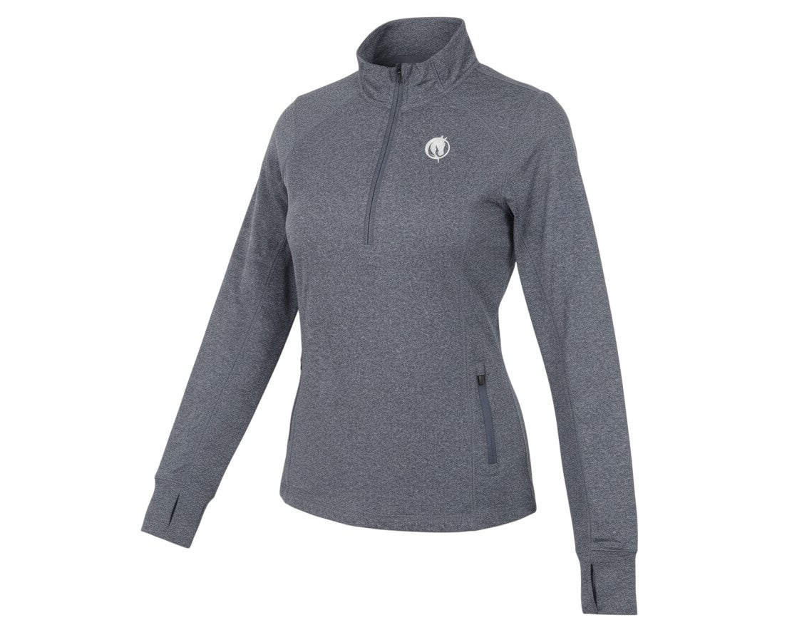 Prewornwholesale grey equestrian long sleeve 1/4 zip pullover with thumbholes and moisture-wicking knit fabric