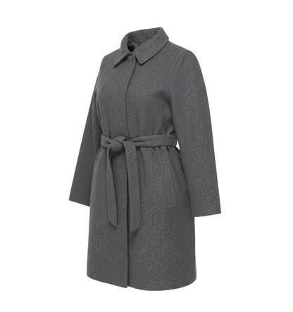 Prewornwholesale grey wool-blend belted overcoat with a collared neckline and long sleeves in a classic mid-length cut.