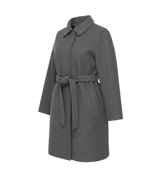 Prewornwholesale grey wool-blend belted overcoat with a collared neckline and long sleeves in a classic mid-length cut.