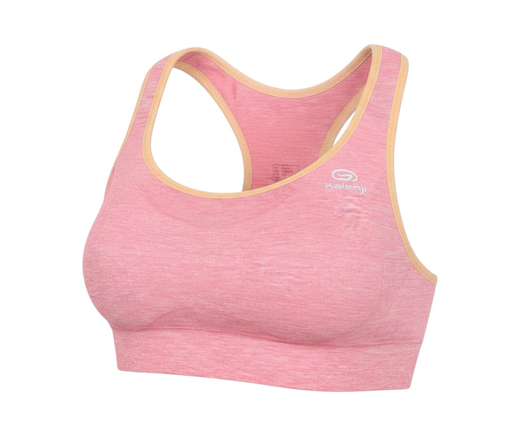 Prewornwholesale Kalenji women's pink racerback sports bra with moisture-wicking fabric for running and yoga