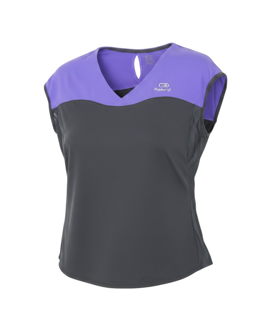Prewornwholesale Kalenji women's purple and black athletic running t-shirt with V-neck, cap sleeves, and mesh panels.