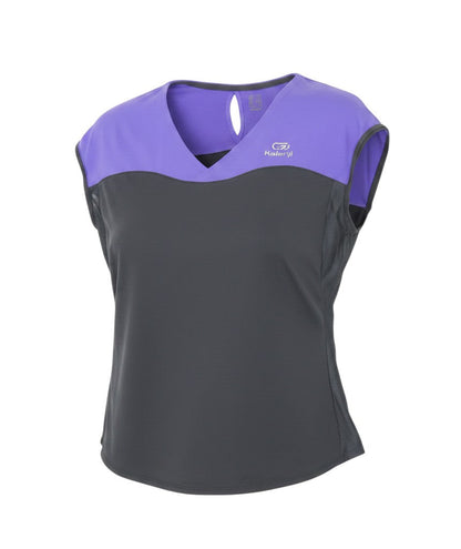 Prewornwholesale Kalenji women's purple and black athletic running t-shirt with V-neck, cap sleeves, and mesh panels.