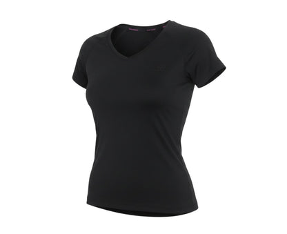 Prewornwholesale Karrimor women's black moisture-wicking V-neck active T-shirt with short raglan sleeves.