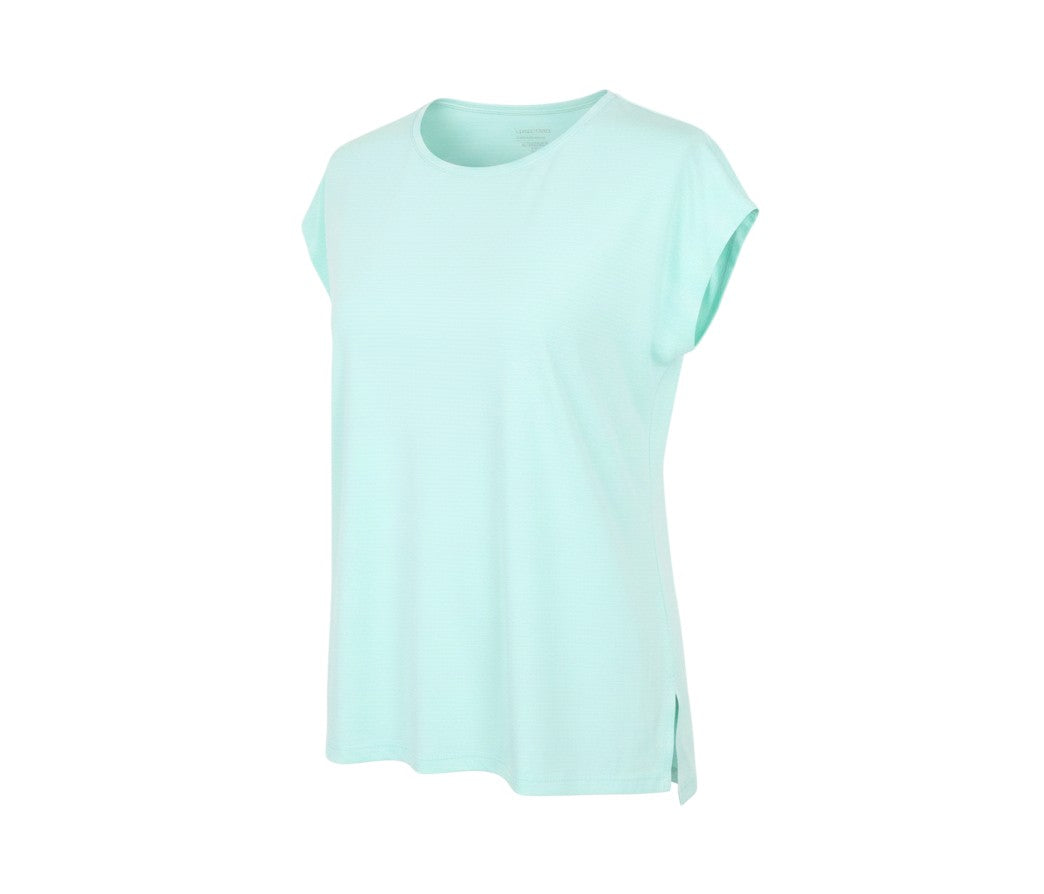 Prewornwholesale light blue performance sport t-shirt with crew neck and side slits in breathable polyester fabric.