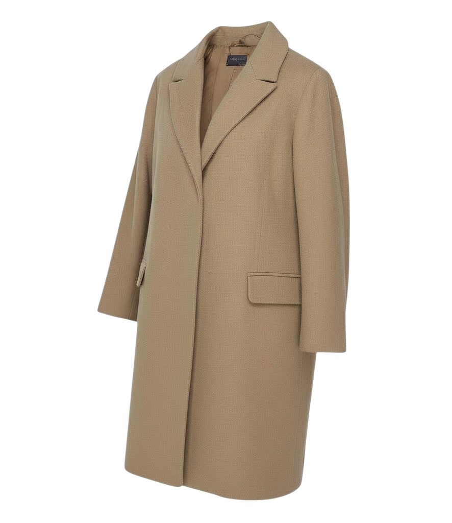 Prewornwholesale Marks and Spencer beige long single-breasted overcoat with a classic collar and front pockets.