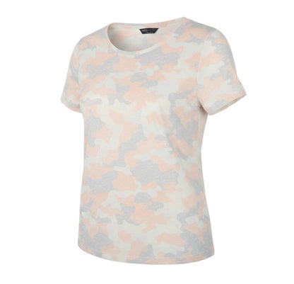 Prewornwholesale Marks and Spencer women's crew neck t-shirt in a peach, cream, and grey camouflage jersey print.