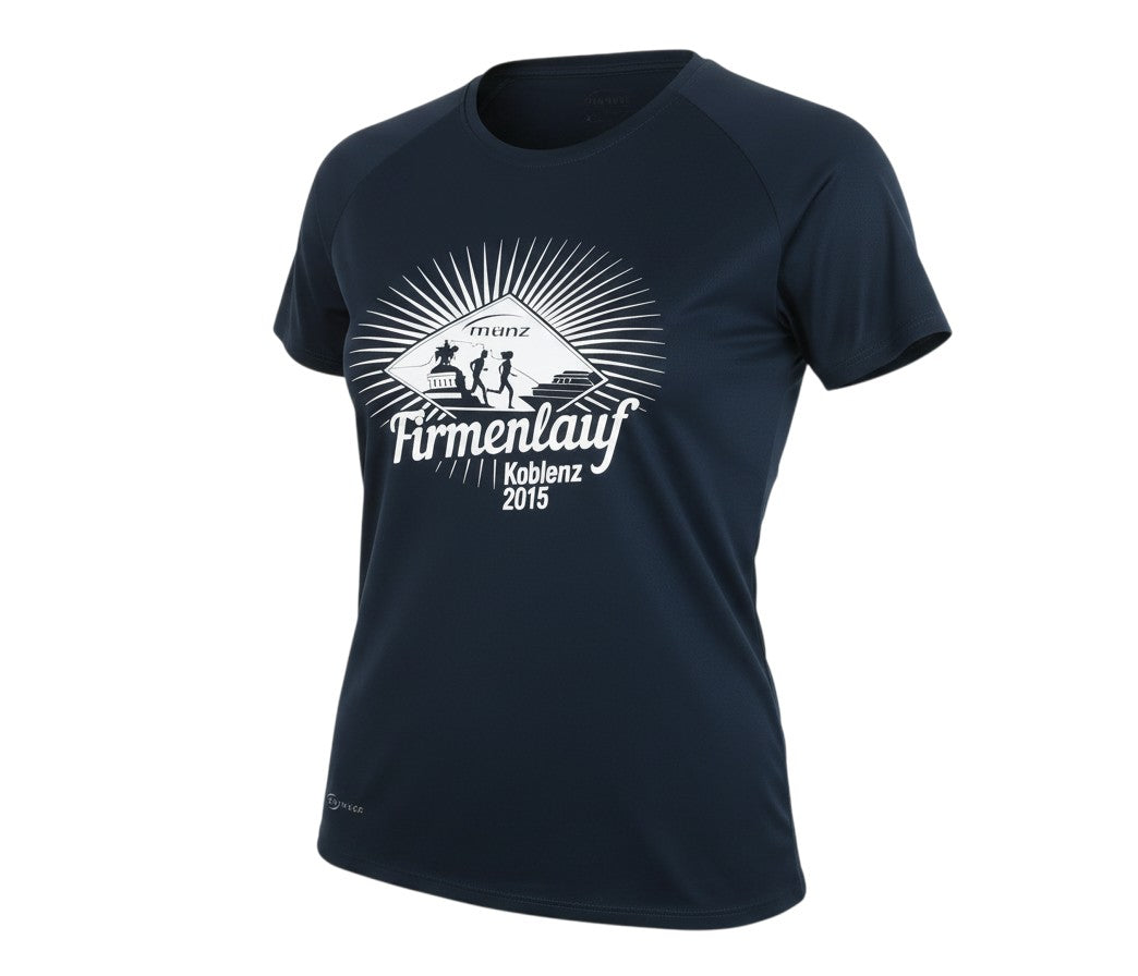 Prewornwholesale Münz women's navy blue quick-dry running t-shirt with white Firmenlauf Koblenz 2015 graphic print.