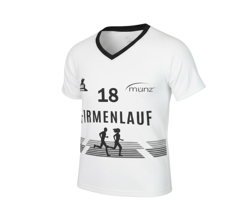 Prewornwholesale münz white V-neck running t-shirt with black graphic print and raglan sleeves for women