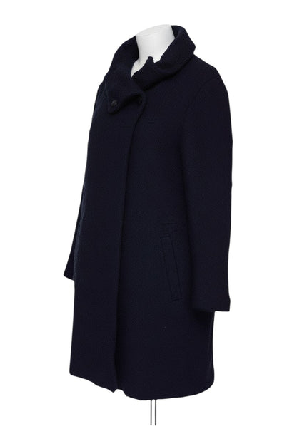 Prewornwholesale Phase Eight navy blue mid-length boucle overcoat with a high collar and single-breasted button closure.