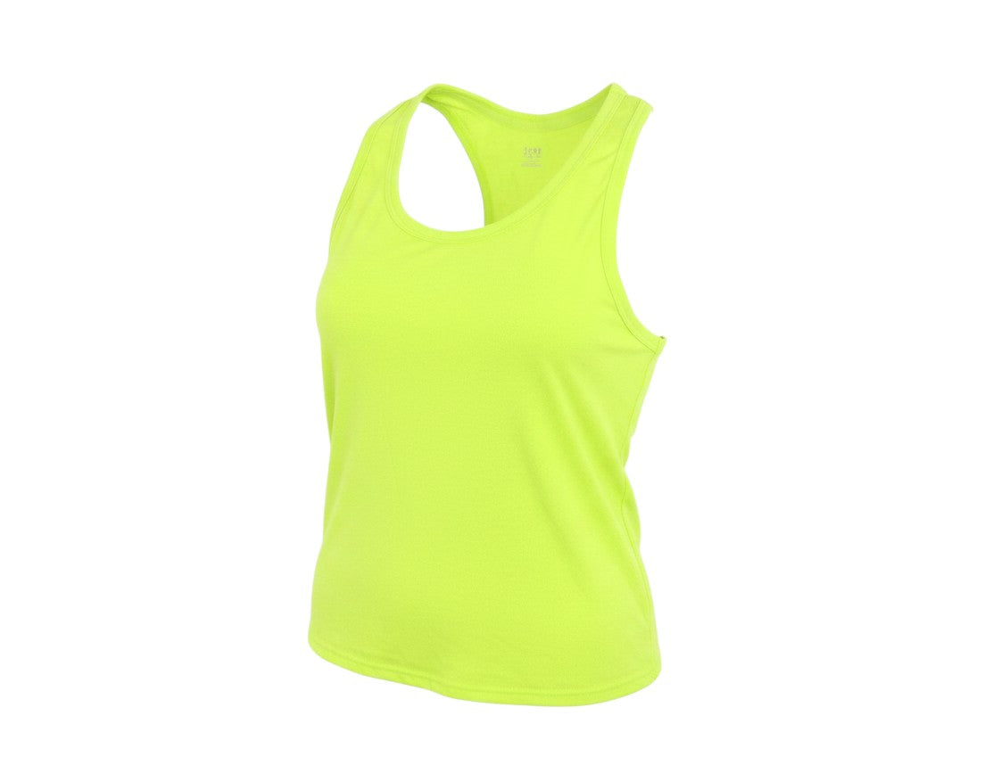 Prewornwholesale women's neon green polyester racerback tank top with a scoop neck for gym and workout activities.