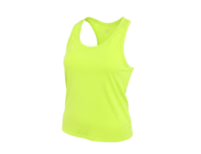 Prewornwholesale women's neon green polyester racerback tank top with a scoop neck for gym and workout activities.