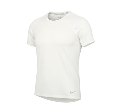 Prewornwholesale white Nike Dri-Fit women's running t-shirt with breathable mesh panels and short raglan sleeves.