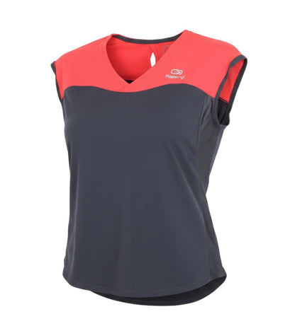 Prewornwholesale Oxylane women's black and red sleeveless running t-shirt with V-neck and moisture-wicking fabric