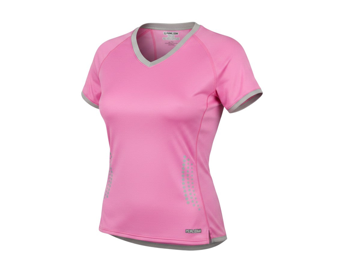 Prewornwholesale Pearl Izumi women's pink polyester V-neck athletic polo shirt with grey trim and reflective details