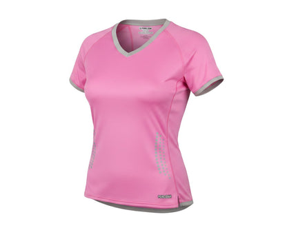 Prewornwholesale Pearl Izumi women's pink polyester V-neck athletic polo shirt with grey trim and reflective details