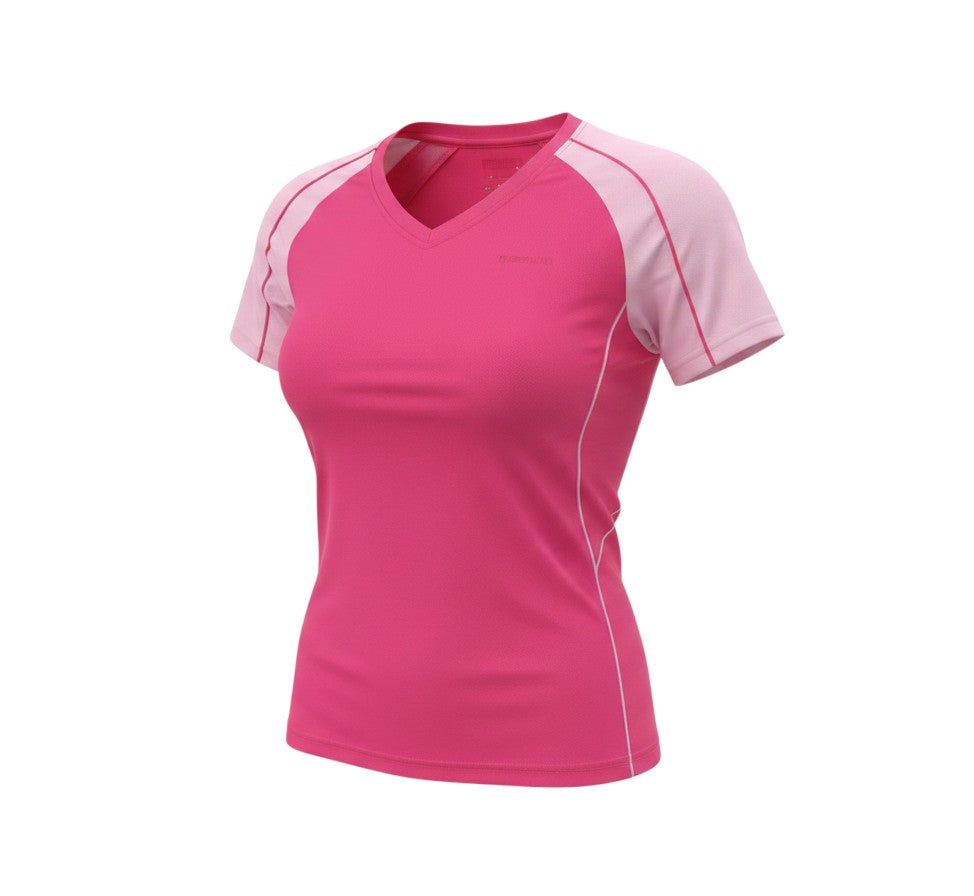 Prewornwholesale women's pink athletic V-neck T-shirt in breathable polyester jersey with short sleeves