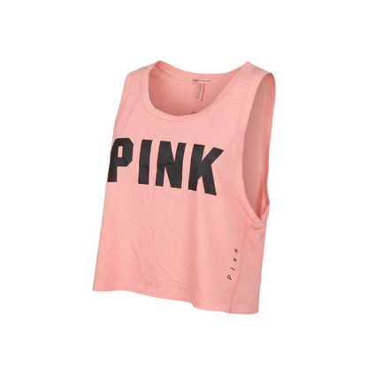 Prewornwholesale PINK sleeveless pink cropped tank top with black logo lettering and crew neckline