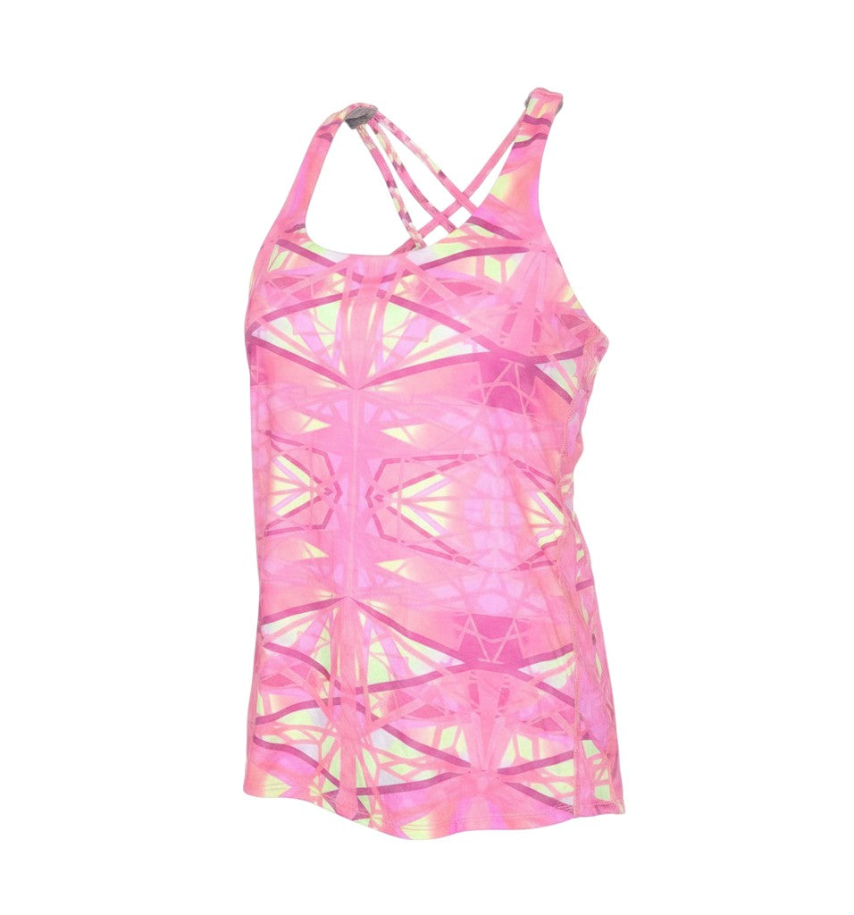 Prewornwholesale pink geometric print polyester tank top with scoop neck and strappy cowl back detail