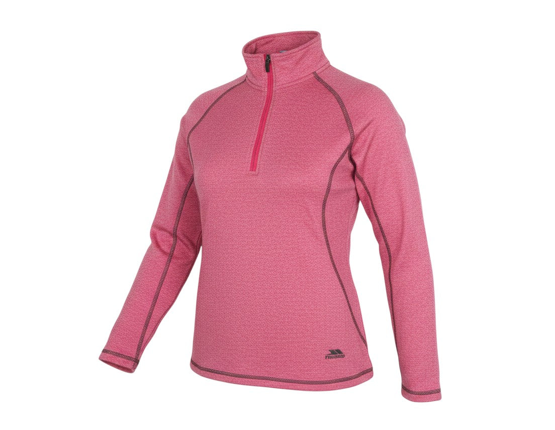 Prewornwholesale pink Trespass women's activewear top with a 1/4 zip, long raglan sleeves, and high neck collar.