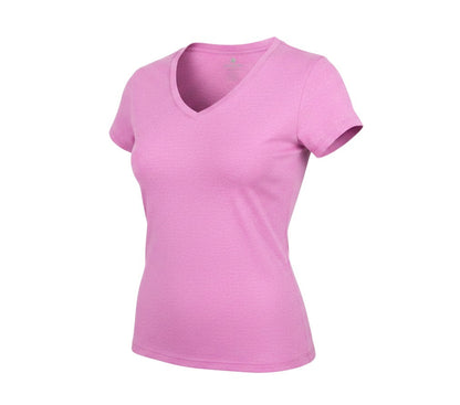 Prewornwholesale pink V-neck short sleeve active T-shirt made from moisture-wicking polyester blend fabric