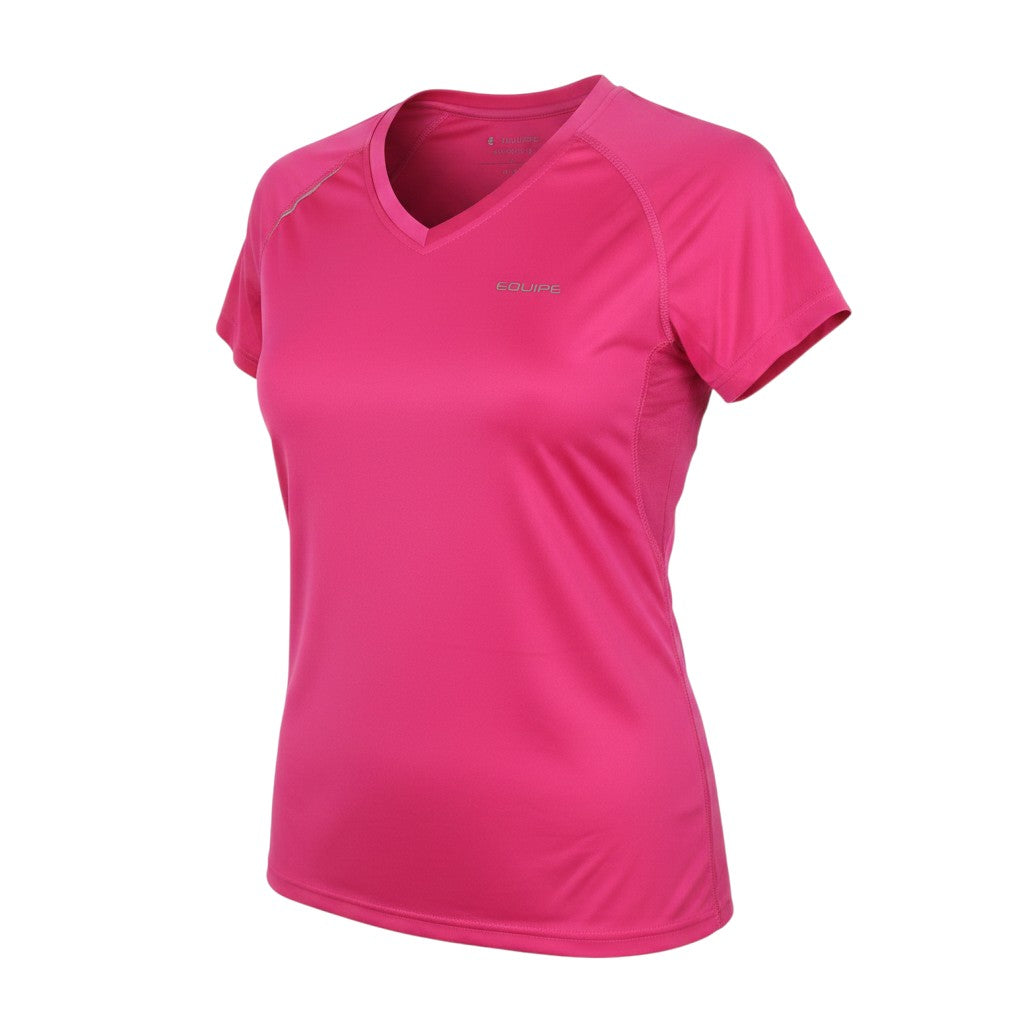 Prewornwholesale Equipe Sport women's pink V-neck short-sleeve jersey t-shirt in 100% polyester for activewear.