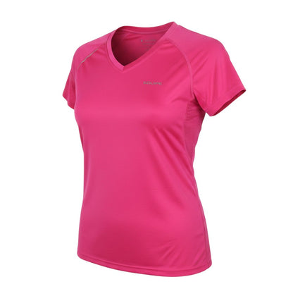 Prewornwholesale Equipe Sport women's pink V-neck short-sleeve jersey t-shirt in 100% polyester for activewear.