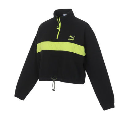 Prewornwholesale Puma women's black 1/4 zip pullover with neon green chest stripe, high neck, and drawstring hem.