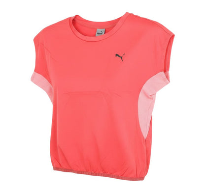 Prewornwholesale Puma women's red activewear top with cap sleeves and mesh side panels for breathable workout comfort.
