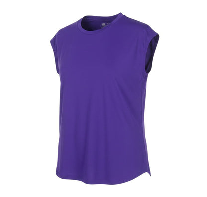 Prewornwholesale purple active T-shirt for women in moisture-wicking polyester blend with a crew neck and short sleeves