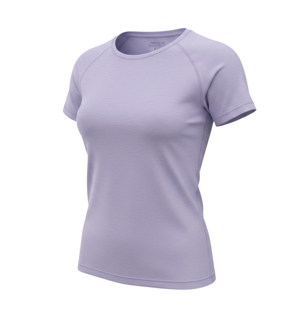 Prewornwholesale purple Karaca women's activewear t-shirt with short sleeves and a scoop neckline for gym training.