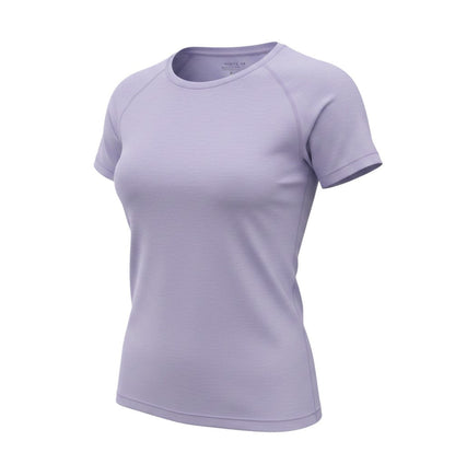 Prewornwholesale purple Karaca women's activewear t-shirt with short sleeves and a scoop neckline for gym training.