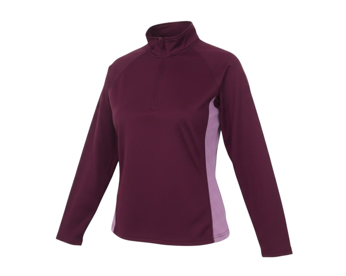 Prewornwholesale women's purple colourblock polyester pullover with a high neck and quarter zip closure.