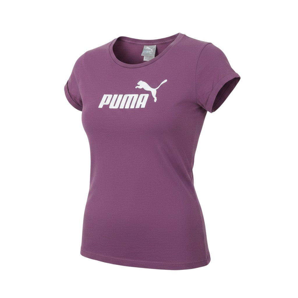 Prewornwholesale purple Puma cotton short sleeve T-shirt with white logo and crew neckline