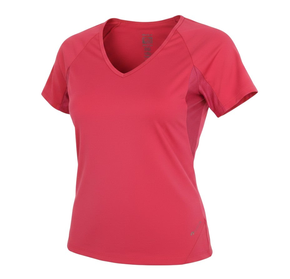 Prewornwholesale Quechua women's vibrant red V-neck activewear top with short sleeves and breathable mesh side panels.