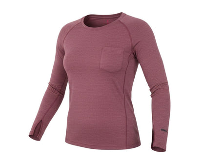Prewornwholesale red long sleeve knit shirt with a chest pocket and thumbhole cuffs for a sporty, comfortable fit.