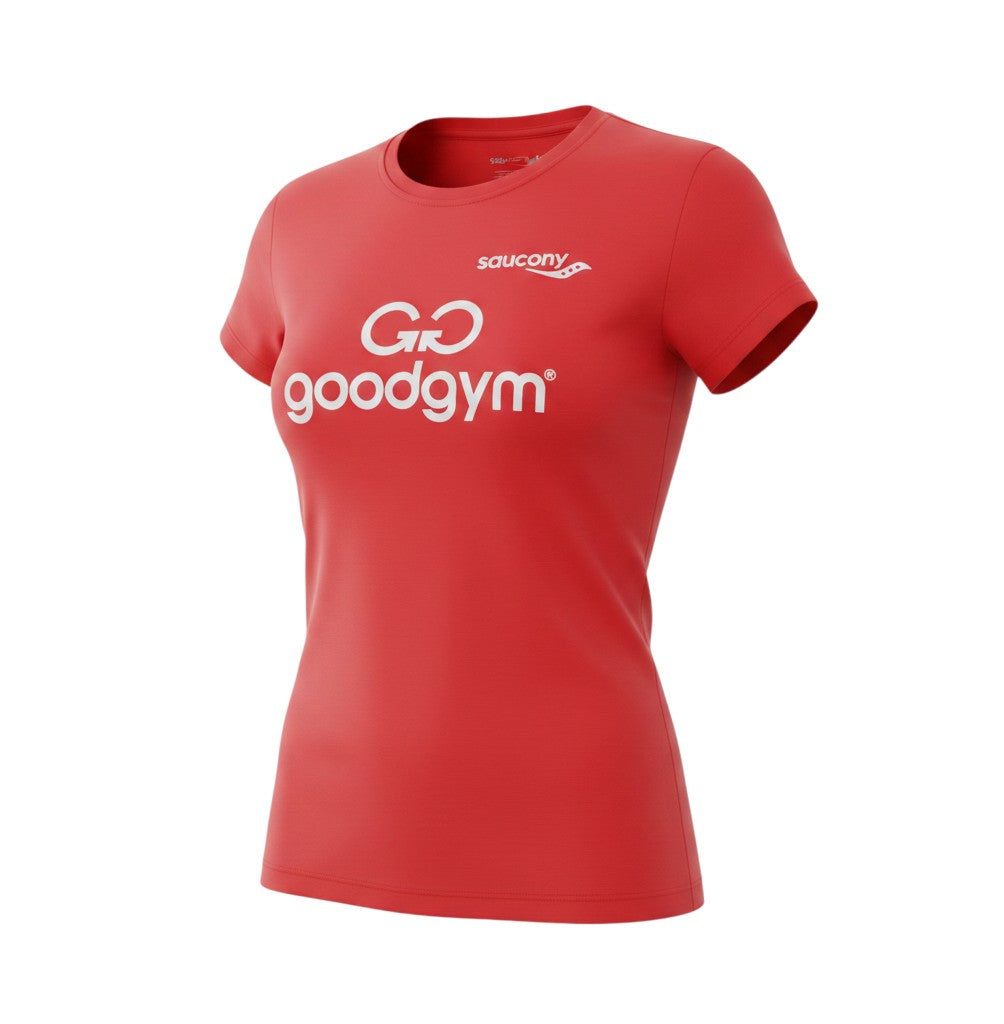Prewornwholesale red Saucony women's round neck polyester t-shirt with white GoodGym graphic print