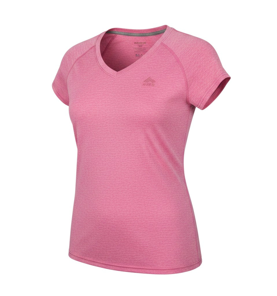 Prewornwholesale REI women's pink V-neck activewear T-shirt with short raglan sleeves in breathable polyester fabric.
