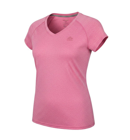 Prewornwholesale REI women's pink V-neck activewear T-shirt with short raglan sleeves in breathable polyester fabric.