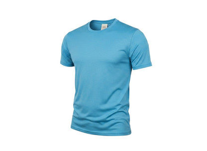 Prewornwholesale Rhino women's blue short sleeve active t-shirt in moisture-wicking polyester with a crew neckline.