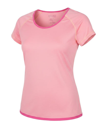 Prewornwholesale Röhnisch women's pink short-sleeve activewear t-shirt with scoop neck and flexible polyester blend