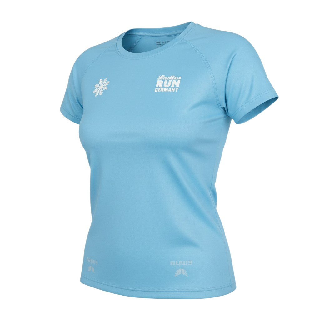 Prewornwholesale blue ROLY women's running t-shirt with short raglan sleeves and Ladies Run Germany graphic print.