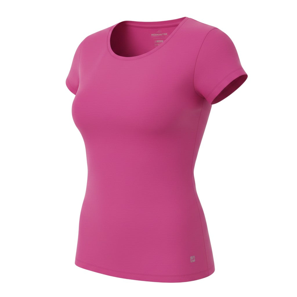 Prewornwholesale Romester women's pink short sleeve activewear t-shirt with a scoop neckline in soft polyester fabric.