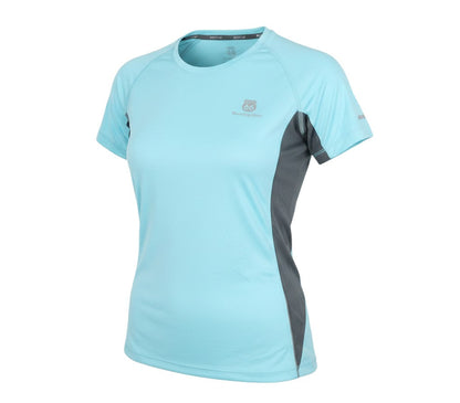 Prewornwholesale Route 66 women's light blue polyester activewear t-shirt with grey side panels and crew neck