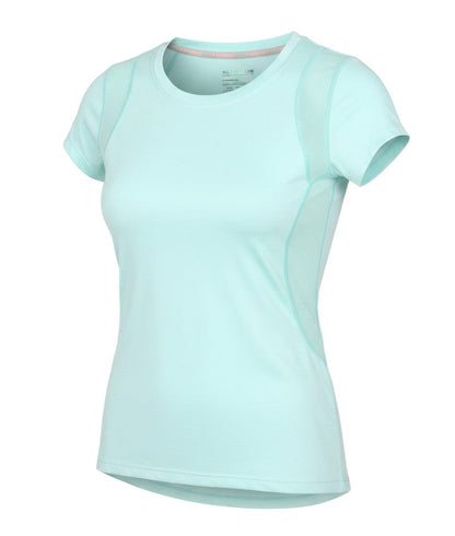 Prewornwholesale Seven Lemon women's light blue athletic running T-shirt with breathable mesh side panels.
